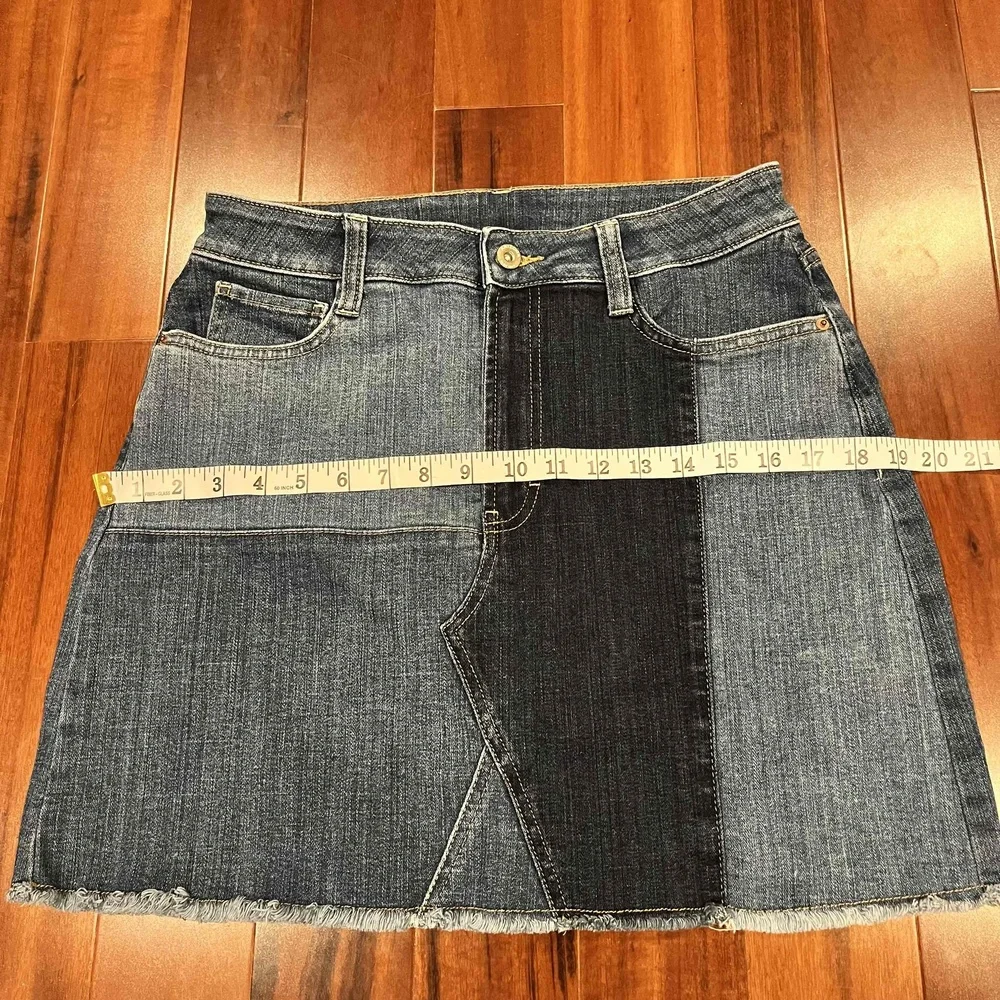 Vintage Y2K Arizona Jean Blue Denim Mini Skirt Patchwork Raw Hem Juniors Size 11